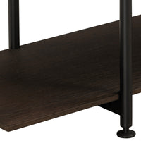 Dark walnut wood shelf with a smooth finish and black metal legs, showcasing a modern and sleek design.