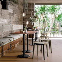 Modern café interior with wooden benches, black tables, and green plant accents against a textured wood wall.