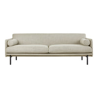 Beige upholstered sofa with a subtle texture and minimalist black metal legs, featuring two matching round cushions.