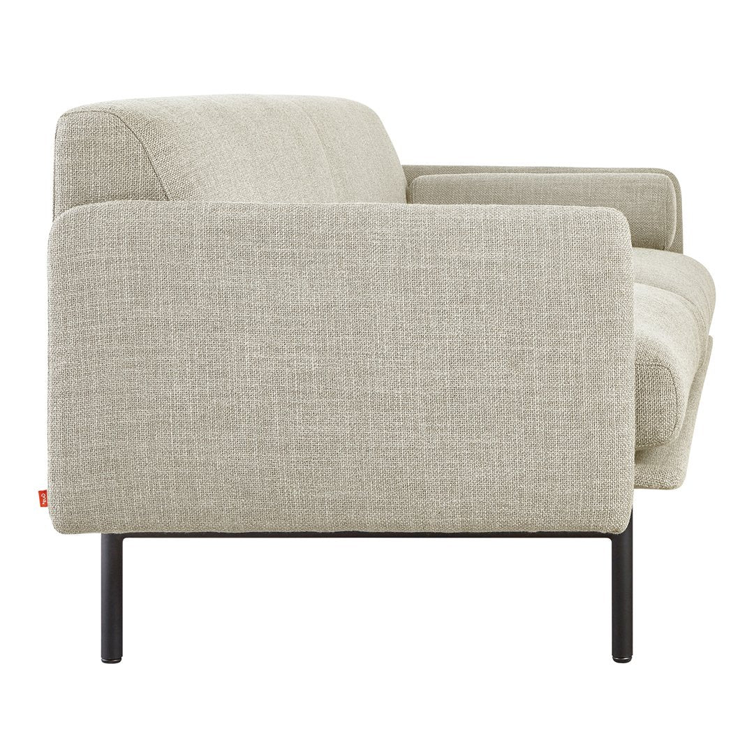 Light gray upholstered sofa with a textured fabric and sleek black metal legs. Modern minimalist design.
