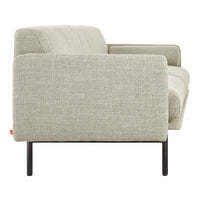 Light gray upholstered sofa with a textured fabric and sleek black metal legs. Modern minimalist design.