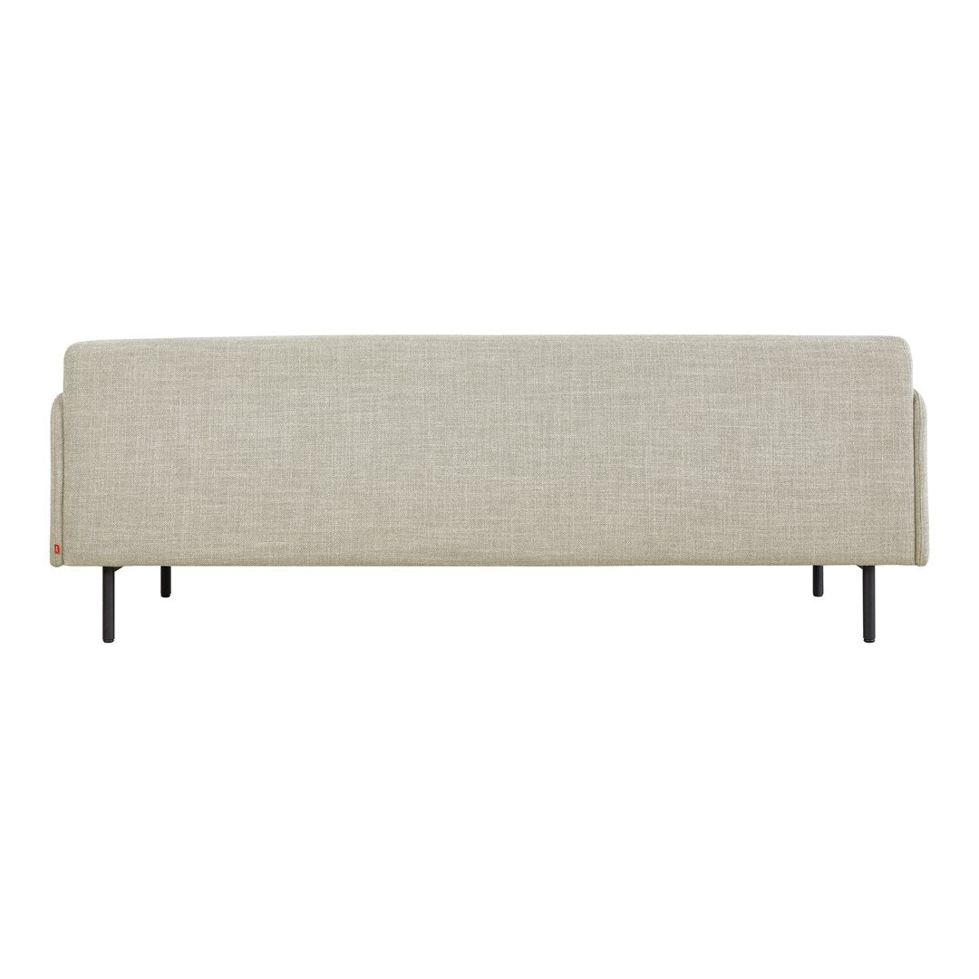 Beige linen sofa with a minimalistic design and sleek black metal legs. Perfect for modern interiors.
