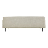 Beige linen sofa with a minimalistic design and sleek black metal legs. Perfect for modern interiors.