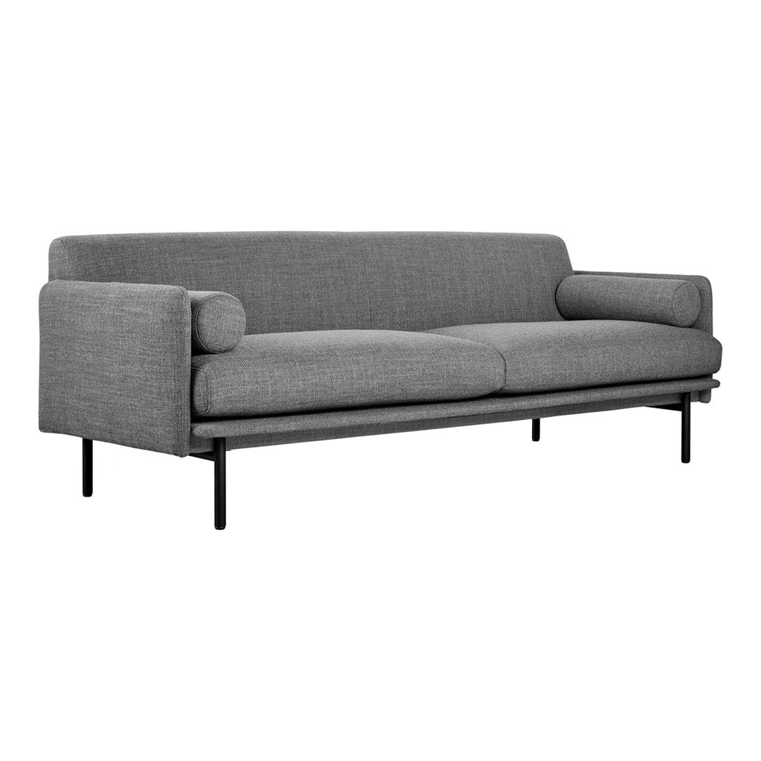 Modern gray sofa with a textured fabric pattern and sleek black metal frame. Perfect for contemporary living spaces.