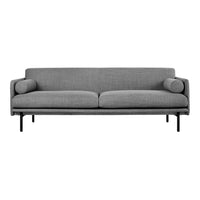 Modern gray sofa with smooth fabric and round accent pillows, featuring a minimalist design and black metal legs.