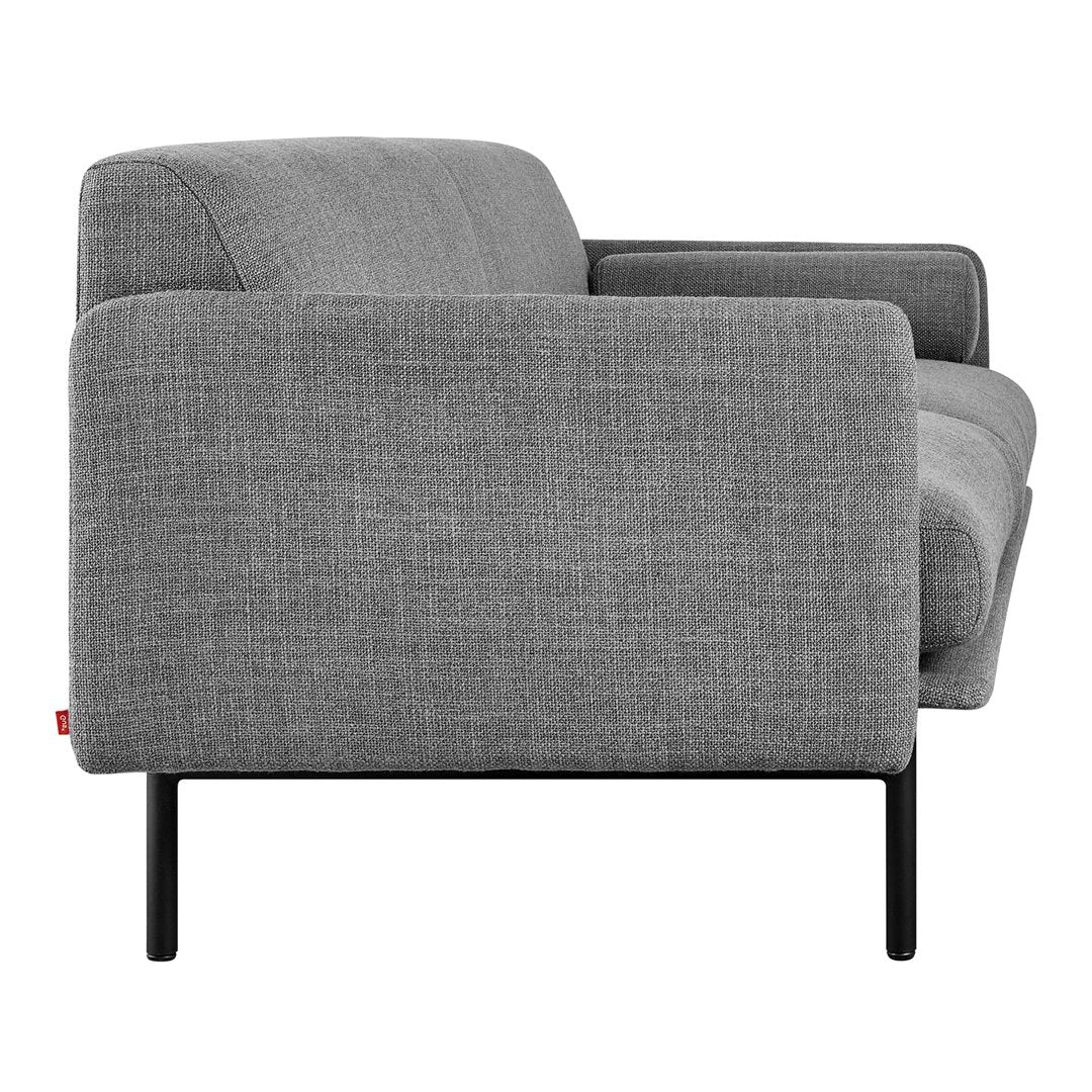 Gray textured fabric sofa with sleek black metal legs, showcasing a modern, minimalist design.