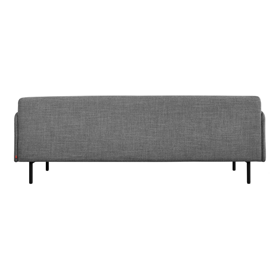 Gray fabric sofa with a sleek, modern design and minimalist black metal legs, ideal for contemporary interiors.
