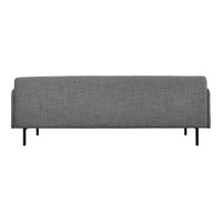 Gray fabric sofa with a sleek, modern design and minimalist black metal legs, ideal for contemporary interiors.