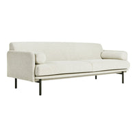 Light beige upholstered sofa with a minimalist design and solid black metal legs. Ideal for modern interiors.
