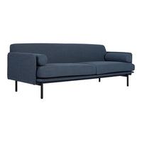 Sleek navy blue sofa with a minimalist design and solid black legs, featuring a smooth fabric texture.