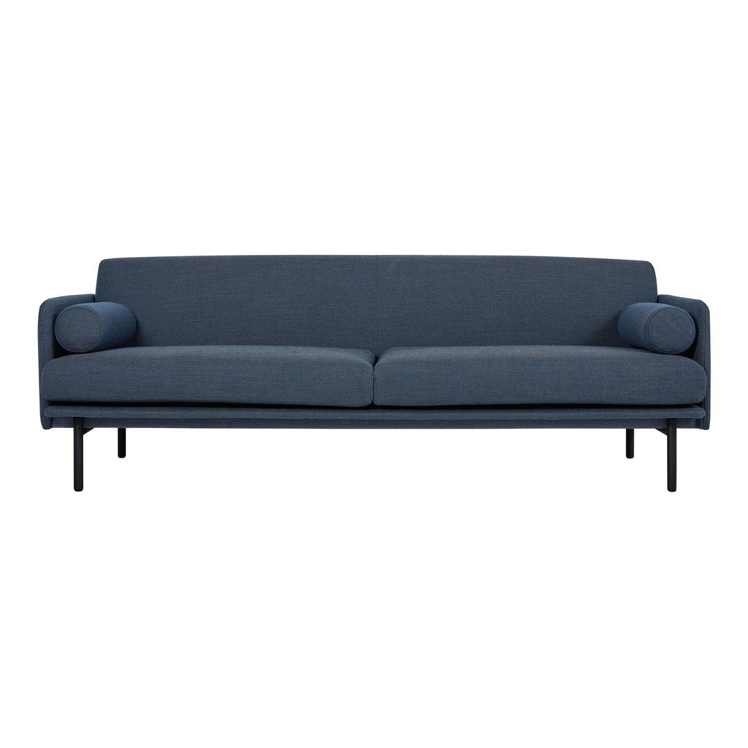 Blue upholstered sofa with sleek lines and black metal legs, featuring smooth cushions and subtle texture.