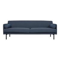 Blue upholstered sofa with sleek lines and black metal legs, featuring smooth cushions and subtle texture.