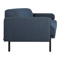 Dark blue fabric sofa with subtle texture and clean lines, supported by sleek black metal legs.