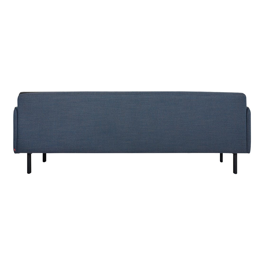 "Solid dark blue sofa with sleek black legs, featuring a minimalist design and textured fabric."