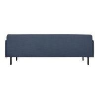"Solid dark blue sofa with sleek black legs, featuring a minimalist design and textured fabric."