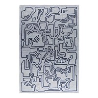 Abstract gray rug with navy blue geometric lines creating a contemporary maze pattern. Ideal for modern decor.