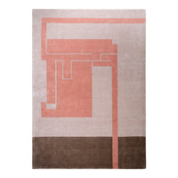 Abstract area rug featuring soft pink, earthy brown, and geometric patterns. Perfect for modern decor.