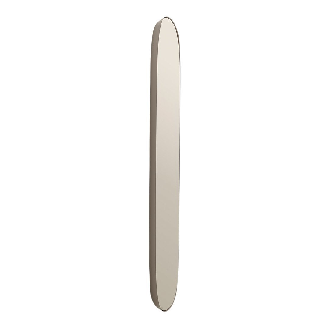 Sleek oval mirror with a soft beige frame and a smooth, reflective surface. Minimalist design enhances any decor.