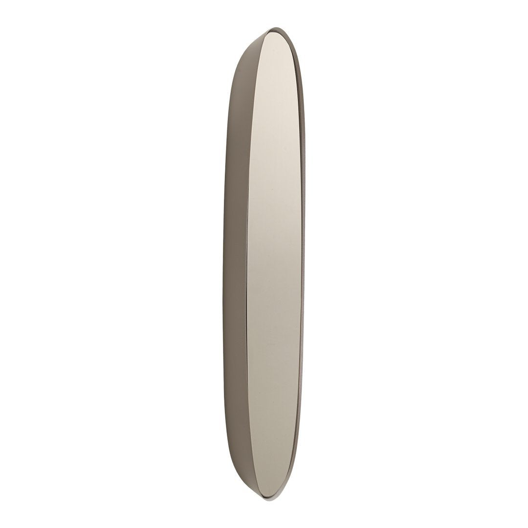 "Stylish oval mirror with a sleek, beige frame and smooth, reflective surface."
