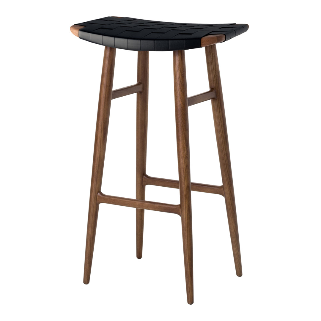 Black woven seat with a rich walnut wood frame in a modern, minimalist design. Perfect for contemporary spaces.