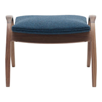 Textured blue upholstery on a sleek wooden frame, featuring a minimalist design with smooth curves.
