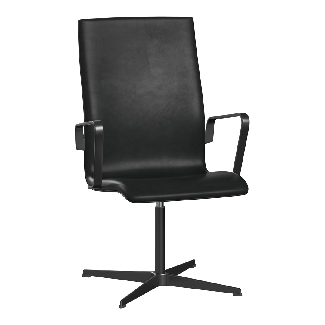 Sleek black leather high-back chair with minimalist design and smooth finishes, featuring a sturdy metal base.