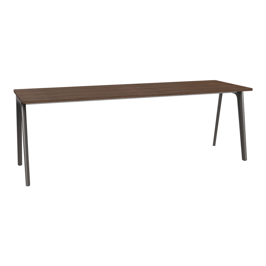 Wooden table with a rich brown surface and sleek black metal legs, featuring a minimalist design.
