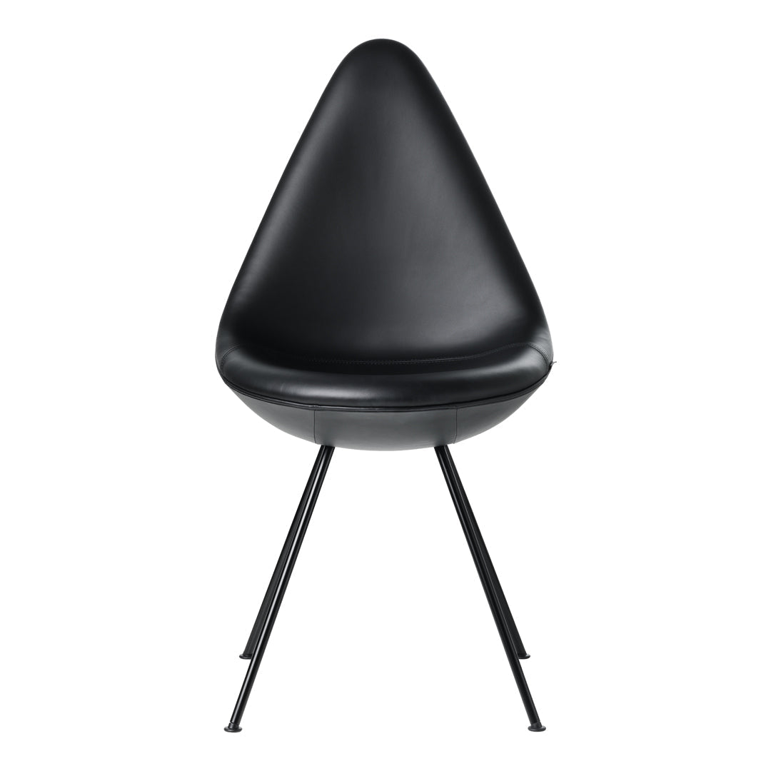 Black teardrop chair with sleek, smooth surface and minimalist black metal legs, perfect for modern decor.