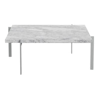 Gray marble coffee table with subtle veining and sleek metal legs, perfect for modern decor.