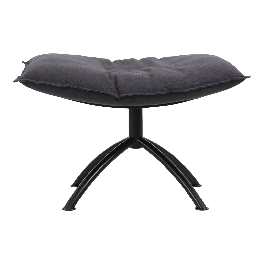 Black cushioned ottoman with a sleek, modern design and a sturdy metal base. Ideal for contemporary decor.