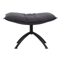 Black cushioned ottoman with a sleek, modern design and a sturdy metal base. Ideal for contemporary decor.