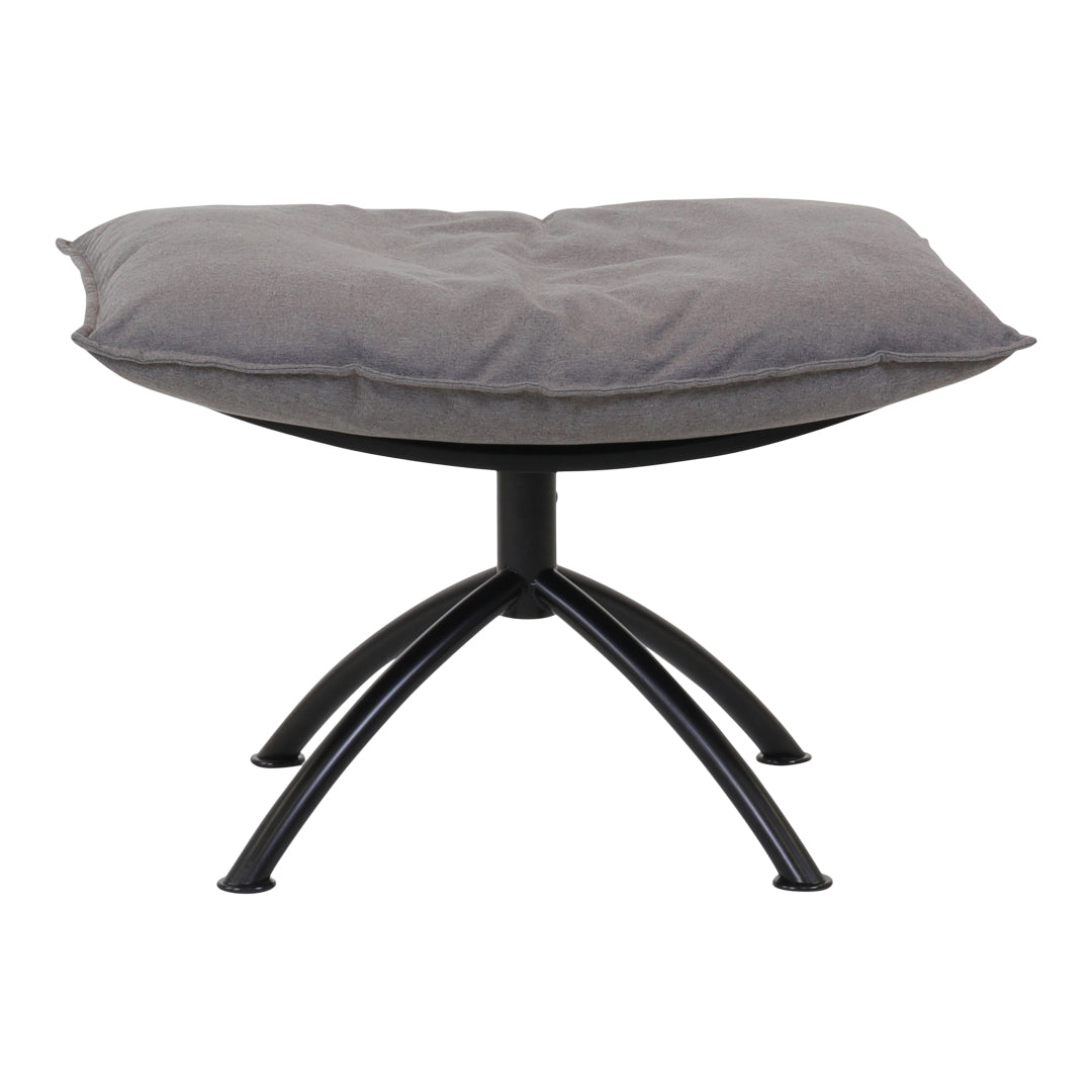 Gray cushioned ottoman with a sleek black metal base and modern, minimalist design. Ideal for any decor style.