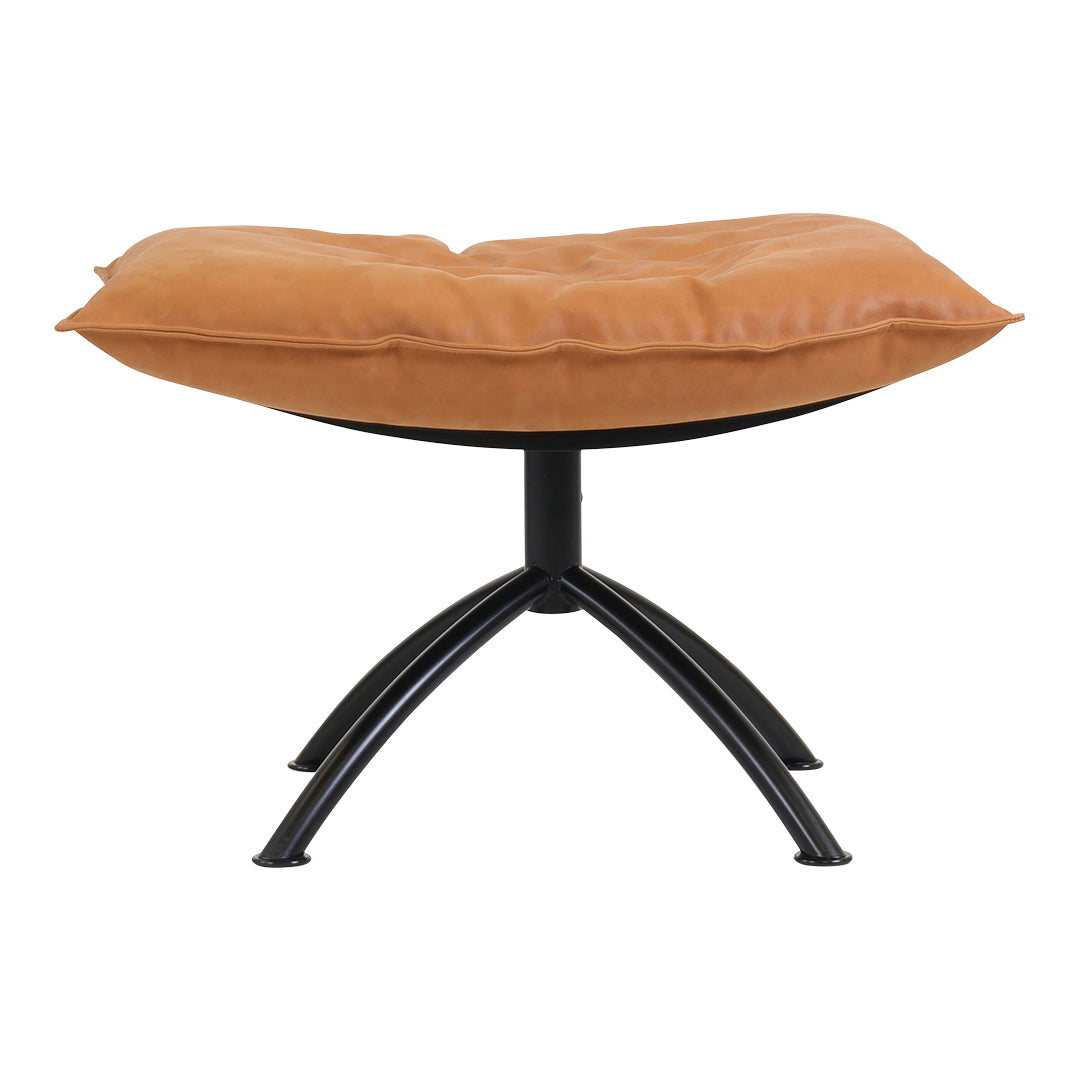 Brown leather ottoman with a smooth finish, featuring a minimalist black metal base and an elegant round design.