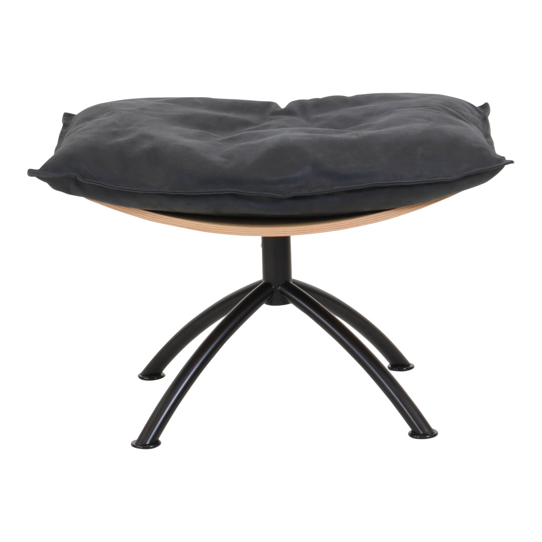 Black cushioned ottoman with a sleek wooden base and curved black metal legs, featuring a modern, minimalist design.