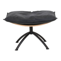 Black cushioned ottoman with a sleek wooden base and curved black metal legs, featuring a modern, minimalist design.