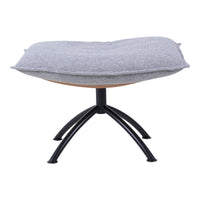 Gray upholstered ottoman with a smooth, rounded shape and a black metal base, showcasing minimalist design.