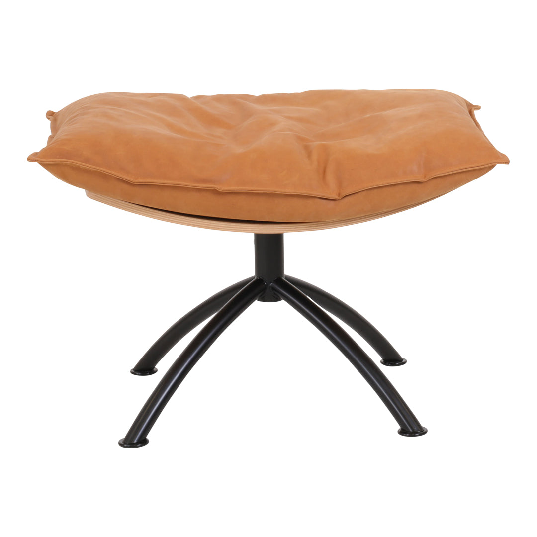 Tan cushion seat on a sleek black metal base, featuring a modern, curved design. Stylish and comfortable accent piece.