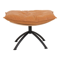 Tan cushion seat on a sleek black metal base, featuring a modern, curved design. Stylish and comfortable accent piece.