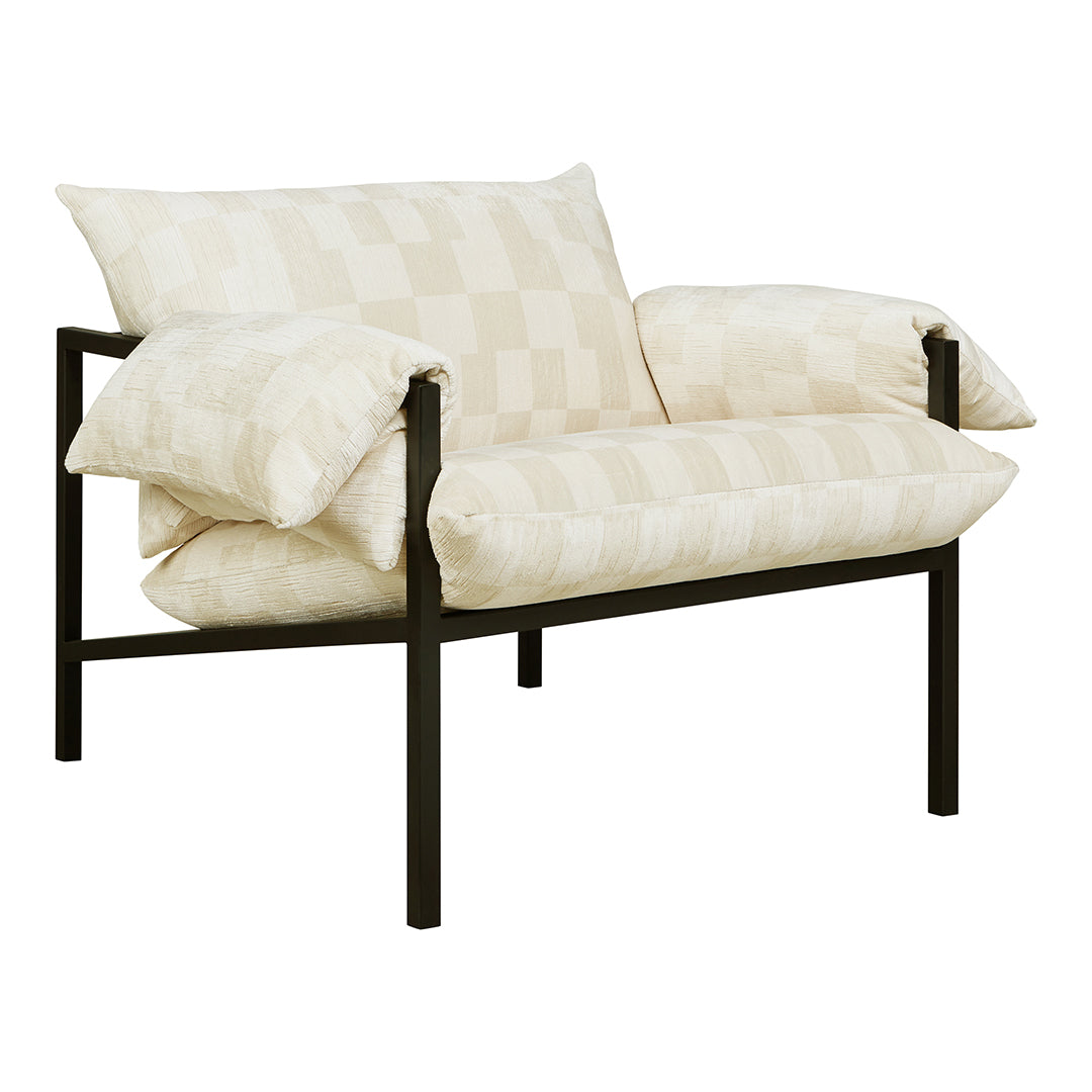 Light beige checkered pattern couch with black metal frame and plush cushions, perfect for a modern living space.