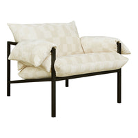 Light beige checkered pattern couch with black metal frame and plush cushions, perfect for a modern living space.