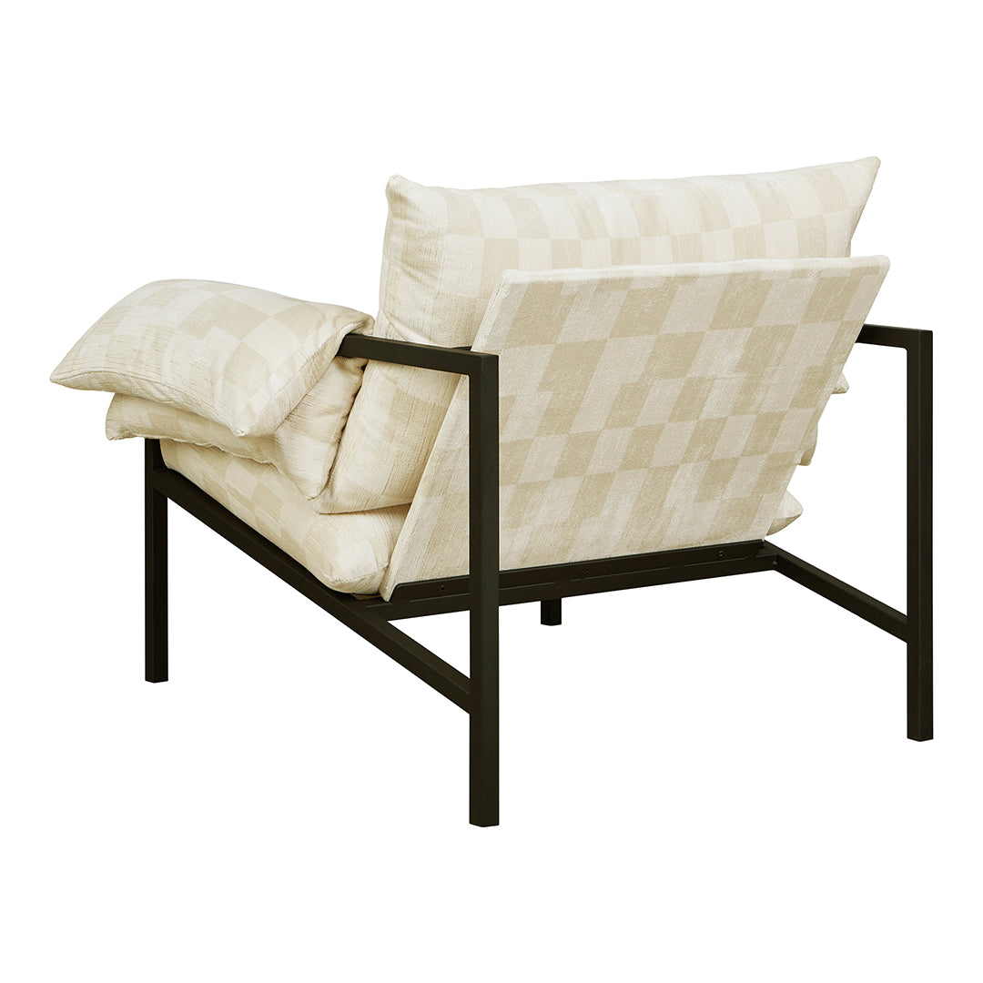 Beige and cream checkered pattern on plush cushions with a sleek black metal frame. Modern and stylish design.