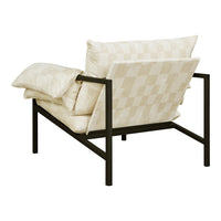Beige and cream checkered pattern on plush cushions with a sleek black metal frame. Modern and stylish design.