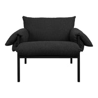 Black cushioned armchair with textured fabric and sleek metal frame, offering a modern and minimalistic design.