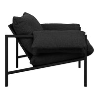 Black modern lounge chair with textured cushions and sleek metal frame, perfect for contemporary decor.