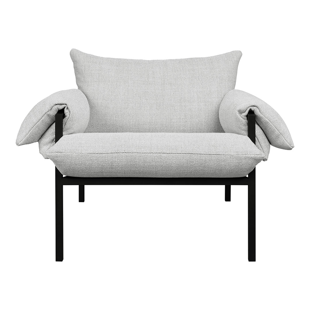 Light gray fabric chair with soft, oversized cushions and a sleek black metal frame, perfect for modern interiors.