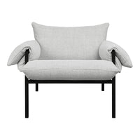 Light gray fabric chair with soft, oversized cushions and a sleek black metal frame, perfect for modern interiors.