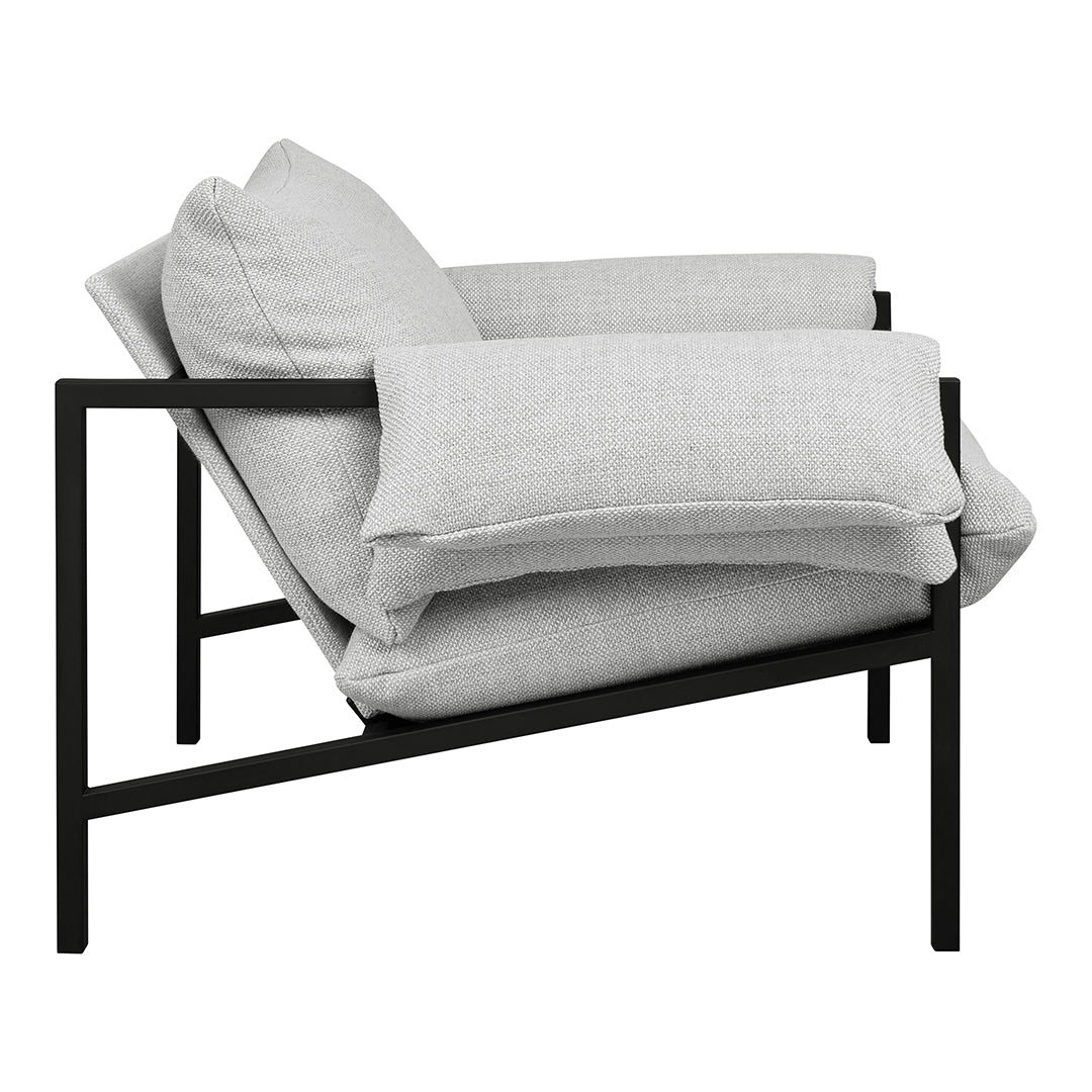 Light gray fabric armchair with a sleek black metal frame, featuring plush cushions for comfort. 