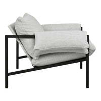 Light gray fabric armchair with a sleek black metal frame, featuring plush cushions for comfort. 