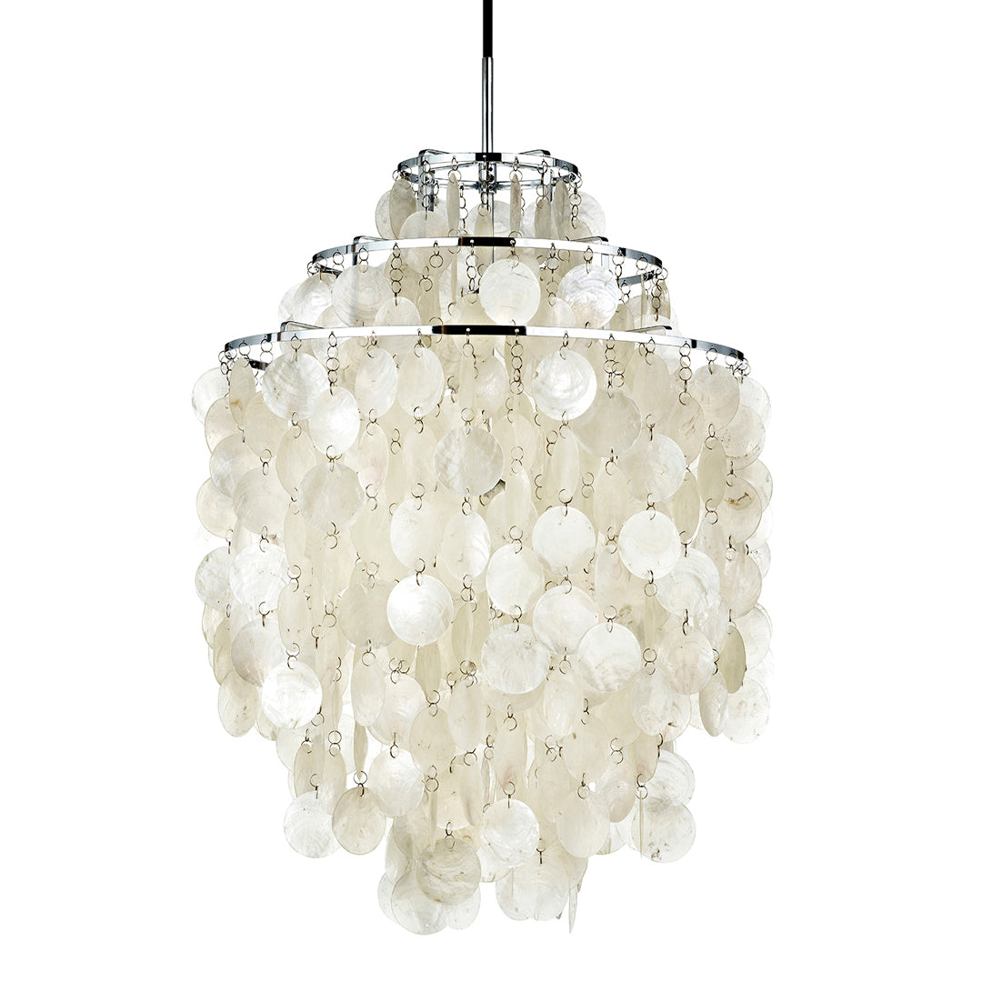 Elegant white chandelier with cascading circular discs and a sleek silver frame, creating a modern, airy design.