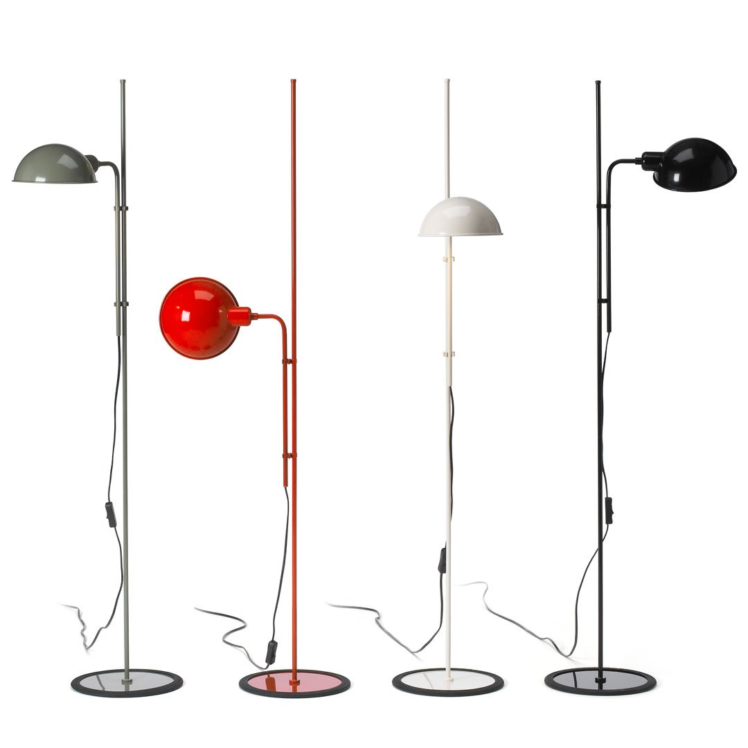 Stylish floor lamps in black, white, red, and green with sleek designs and modern patterns. Perfect for any decor.